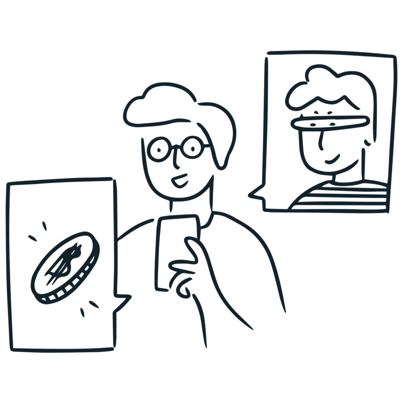 A person looking at a cryptocurrency coin on their phone beside a framed celebrity portrait